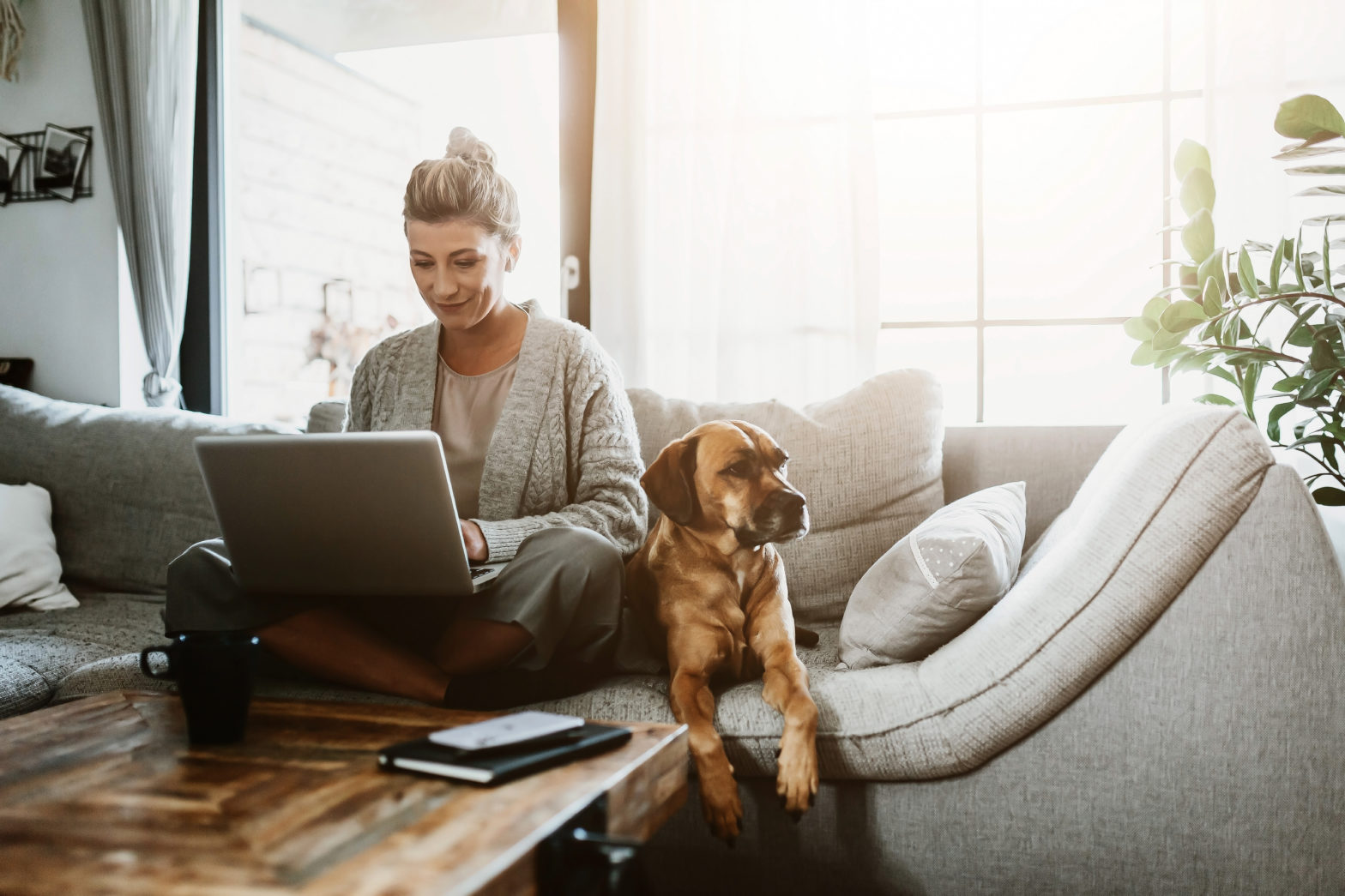 woman working on laptop sitting at home