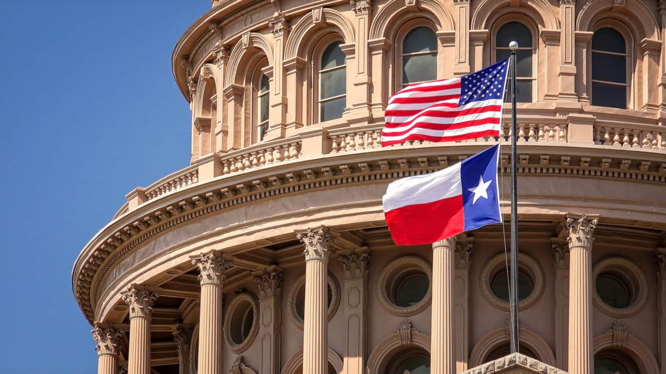 The Texas state capital shown with US and Texas flags