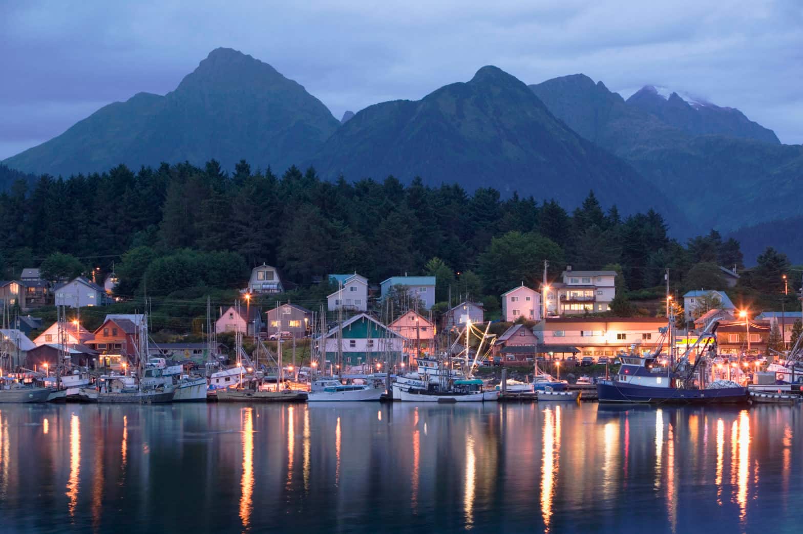 A harbor in Alaska in the evening time