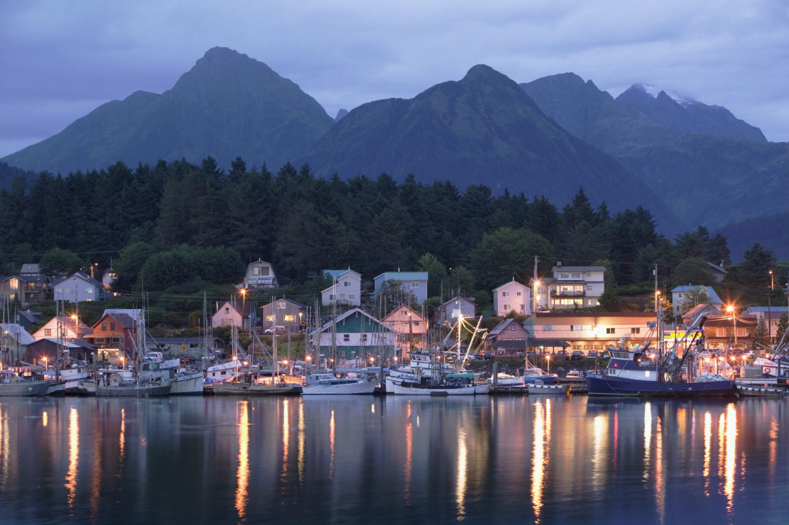 A harbor in Alaska in the evening time