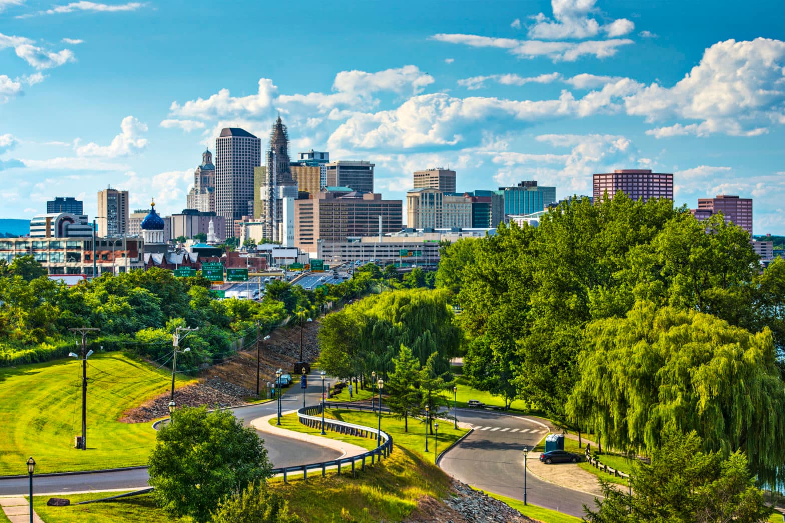 Downtown skyline of Hartford, Connecticut on a sunny day