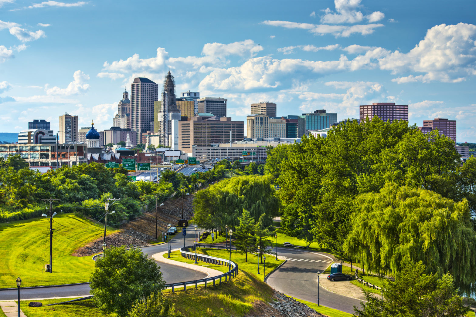 Downtown skyline of Hartford, Connecticut on a sunny day