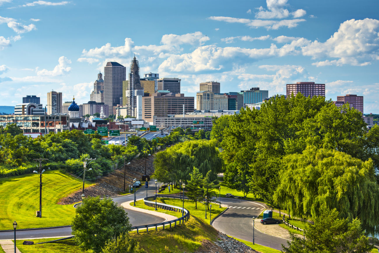 Downtown skyline of Hartford, Connecticut on a sunny day