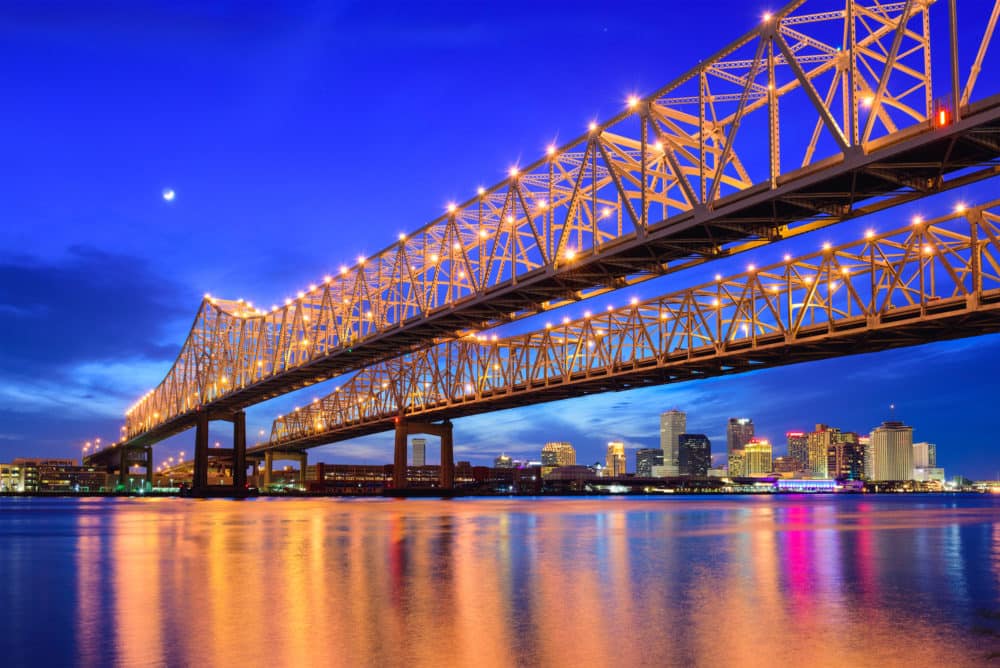 New Orleans Skyline, Louisiana, at night, Mississippi River Bridge