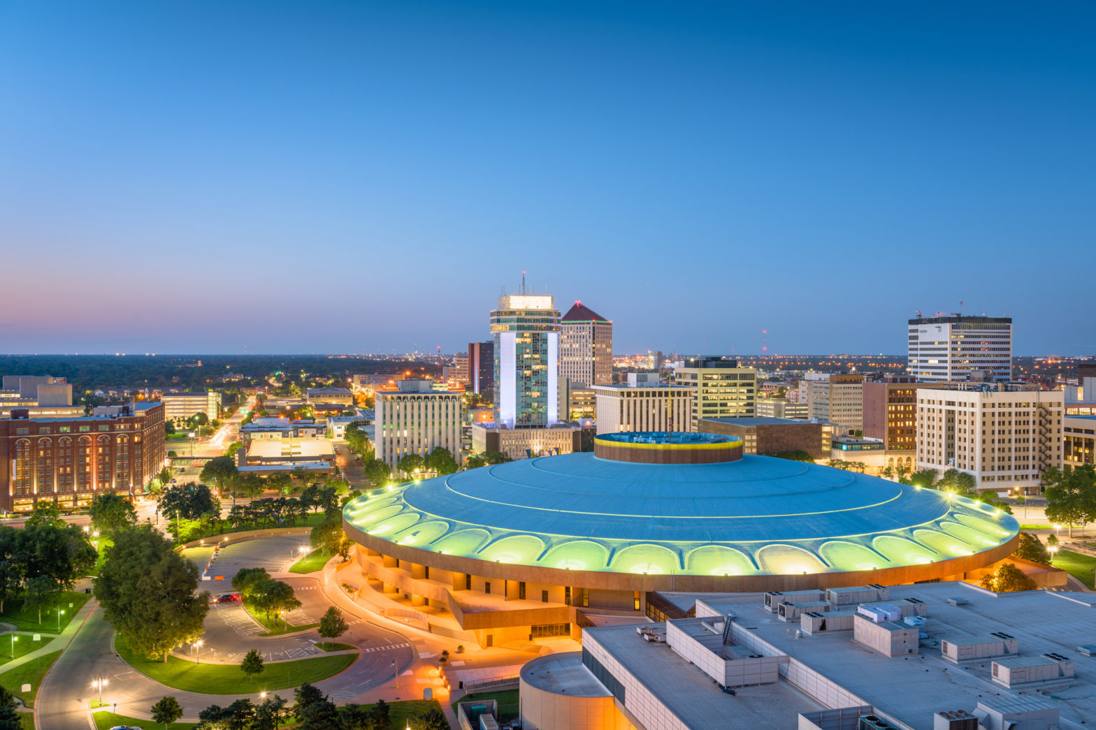 Wichita, Kansas downtown business banking district skyline at dusk