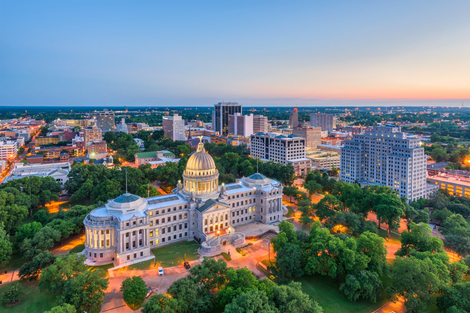 The Jackson, Mississippi at dusk