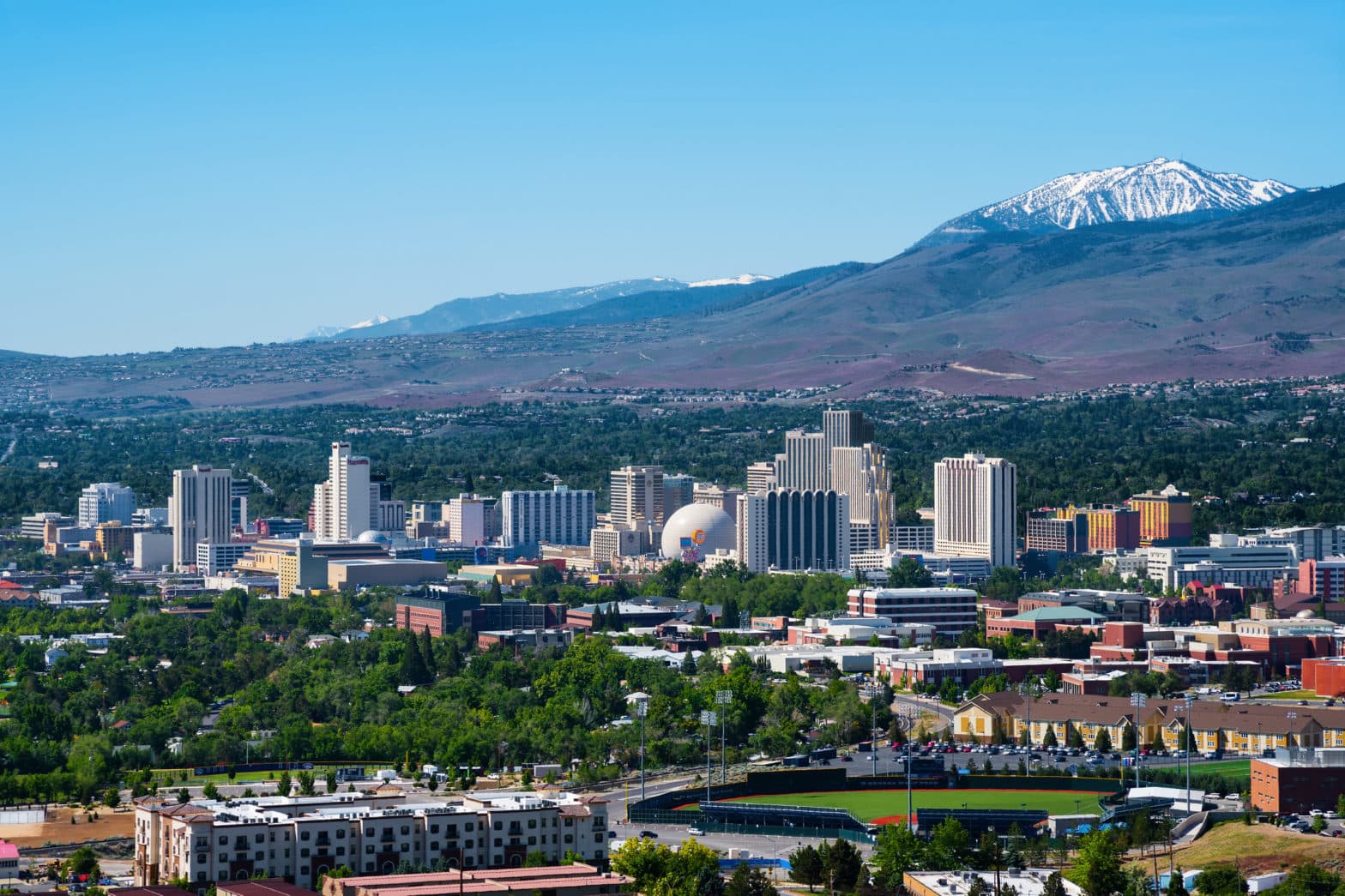 Reno Nevada skyline with mountains in the distance
