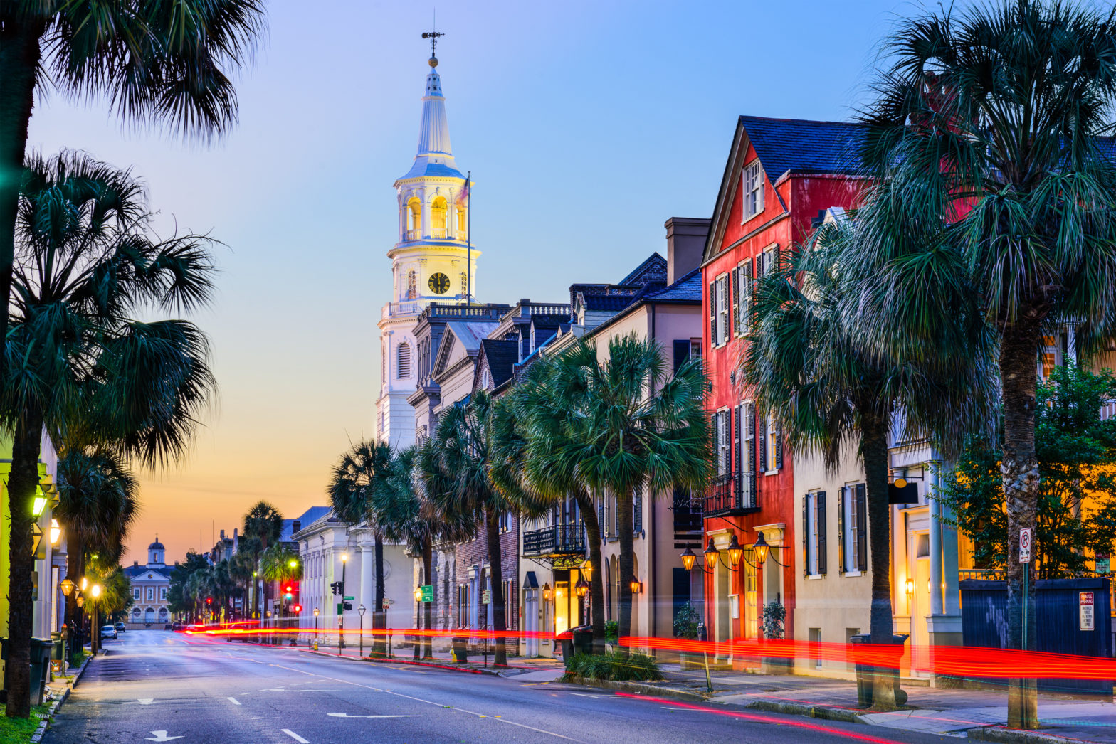 Charleston, South Carolina downtown historic area with palm trees and buildings