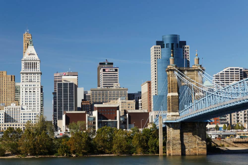 Cincinnati, Ohio skyline with bridge that connects Ohio and Kentucky