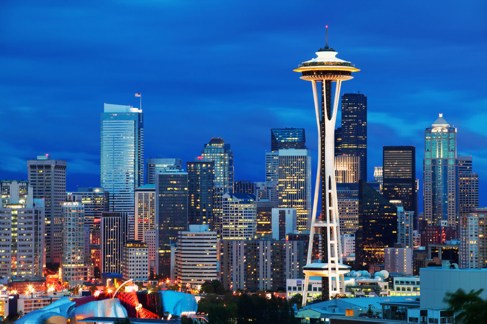 Seattle, Washington, U.S. skyline at night, featuring the Seattle Space Needle