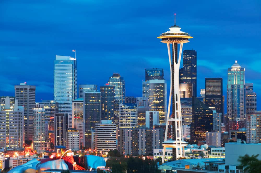 Seattle, Washington, U.S. skyline at night, featuring the Seattle Space Needle