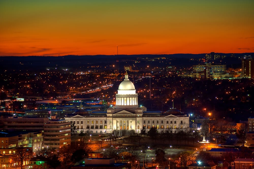 The capitol building in Little Rock, Arkansas is shown as the sun is setting