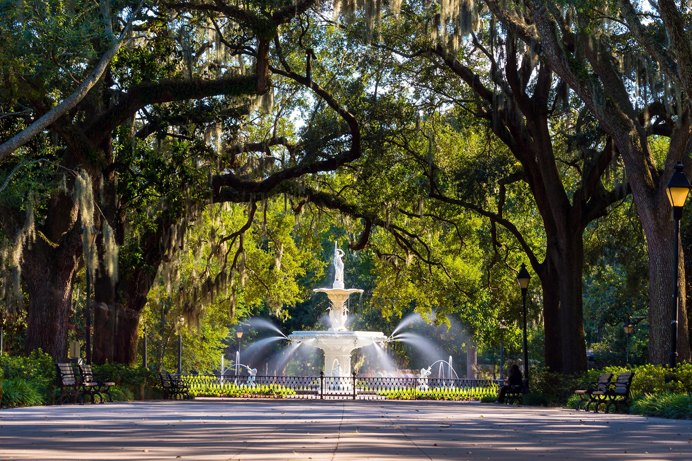 Famous fountain at Forsythe Park in Savannah, Georgia during the day.